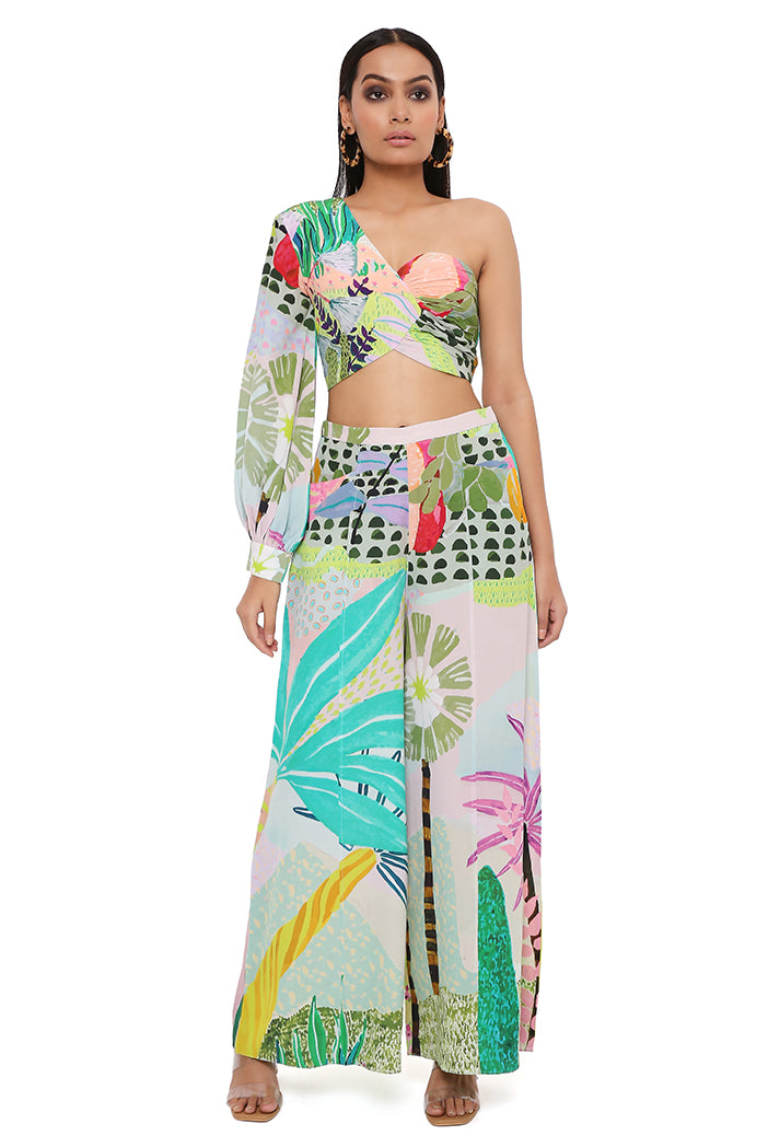 TROPICAL PRINT CREPE ONE SHOULDER TOP WITH PALAZZO