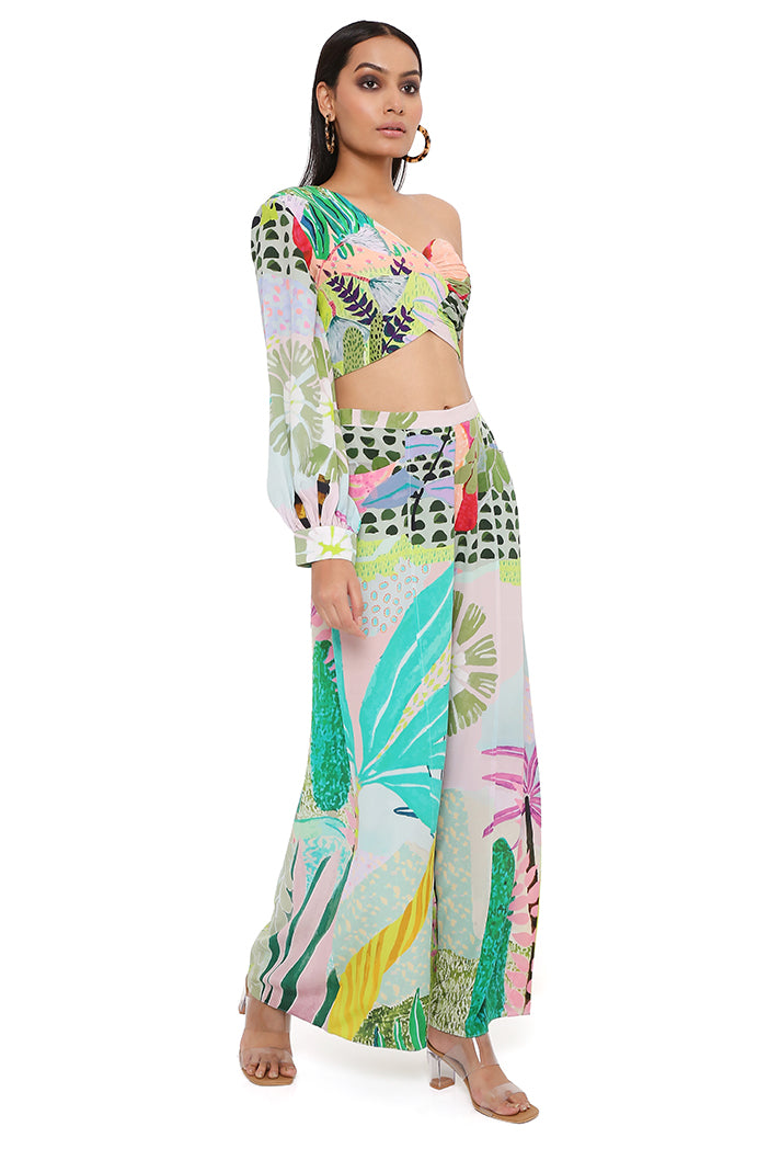 TROPICAL PRINT CREPE ONE SHOULDER TOP WITH PALAZZO