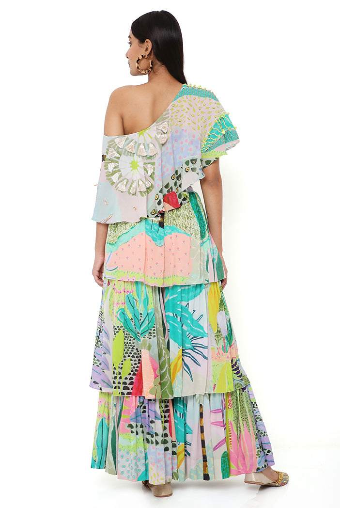 TROPICAL PRINT GEORGETTE EMBRODIERED ONE SHOULDER CAPE WITH A BUSTIER AND FRILL SHARARA