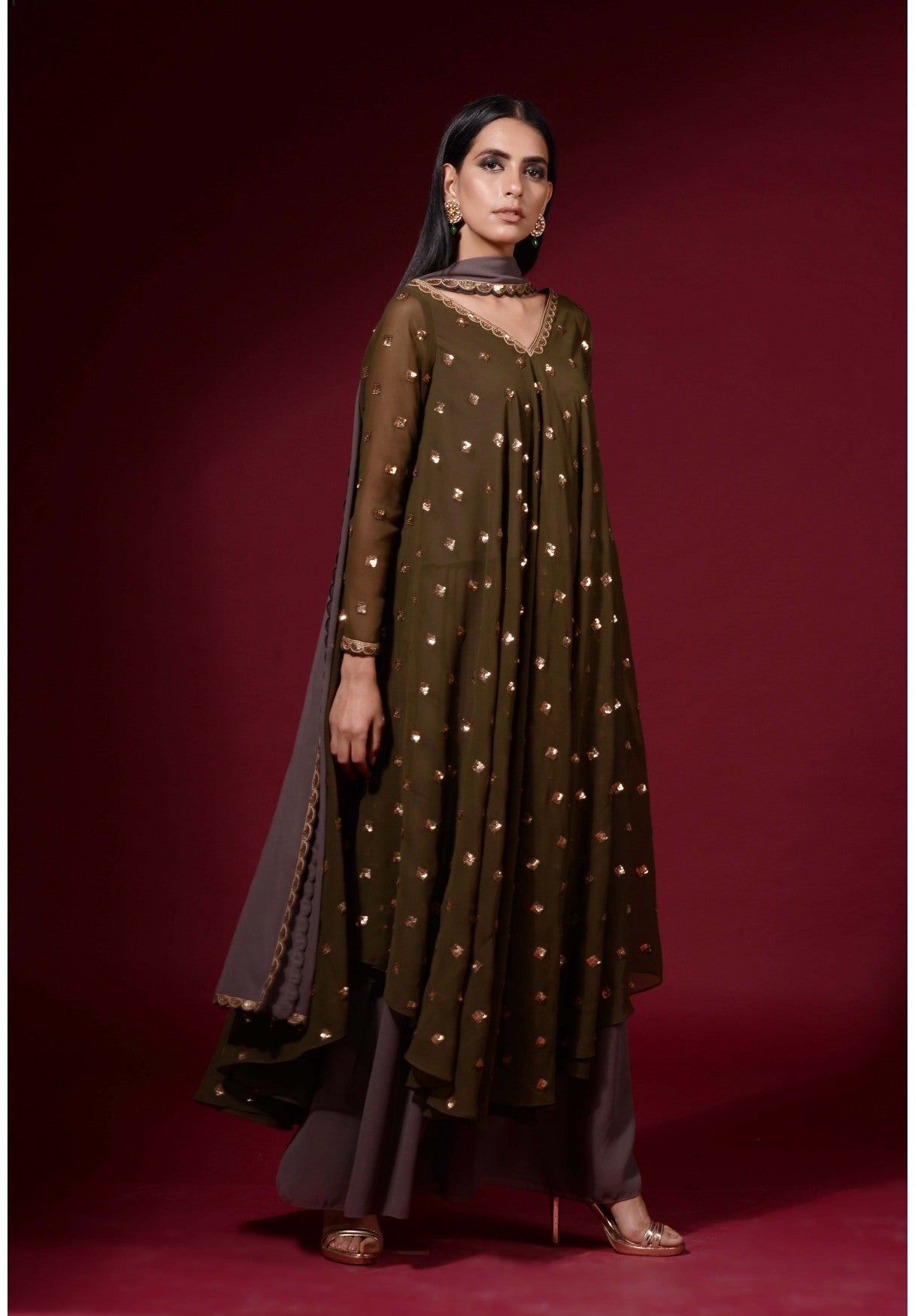 Olive Green Asymmetrical Kurta Plazzo Set
