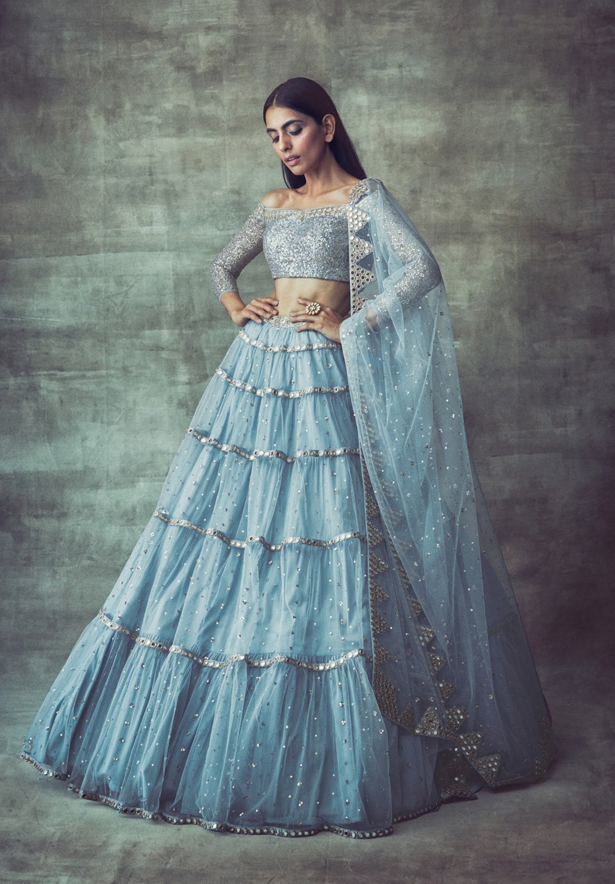 Ice Blue Off Shoulder Tier Lehenga Set