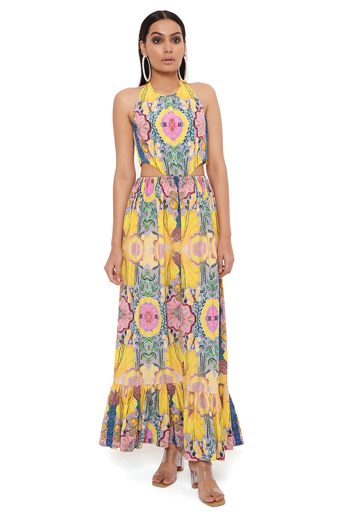 YELLOW ENCHANTED PRINT CREPE CUT-OUT DRESS