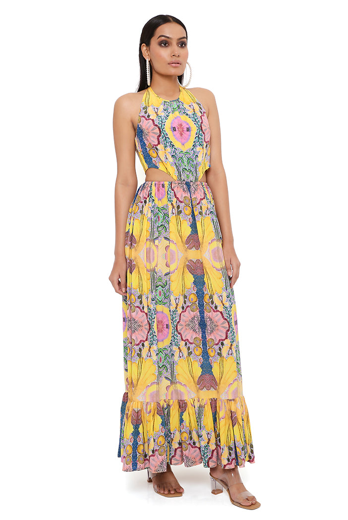 YELLOW ENCHANTED PRINT CREPE CUT-OUT DRESS