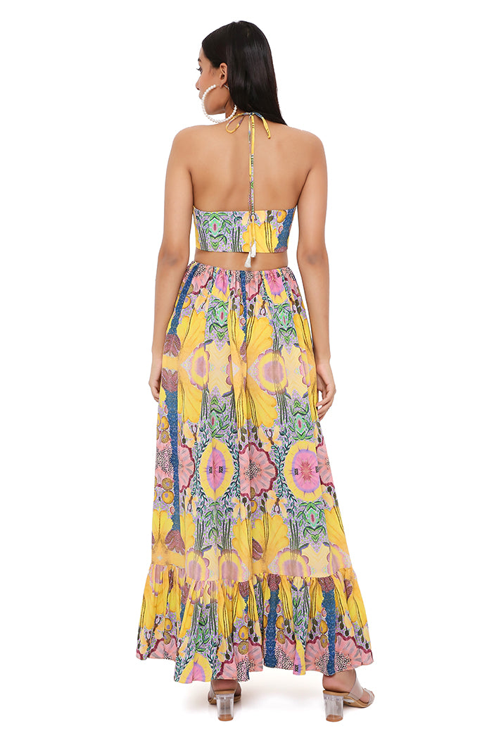 YELLOW ENCHANTED PRINT CREPE CUT-OUT DRESS