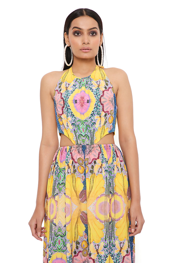 YELLOW ENCHANTED PRINT CREPE CUT-OUT DRESS