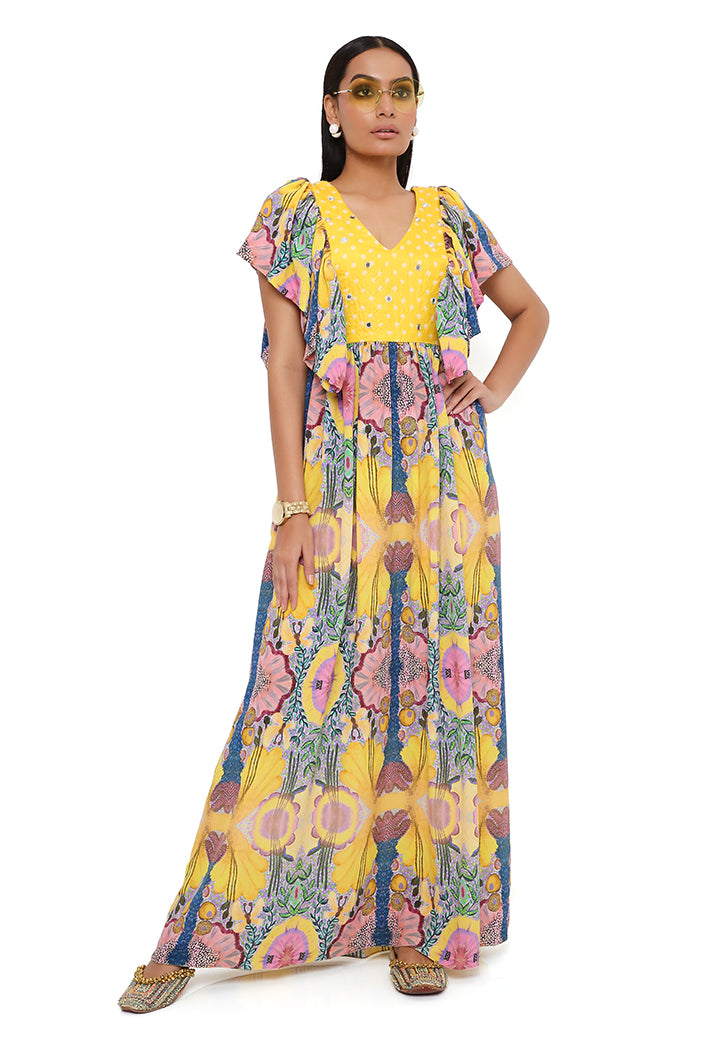 YELLOW ENCHANTED PRINT CREPE DRESS WITH BANDHANI EMBROIDERED YOKE