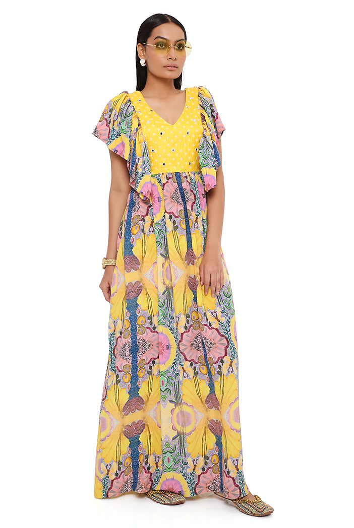 YELLOW ENCHANTED PRINT CREPE DRESS WITH BANDHANI EMBROIDERED YOKE