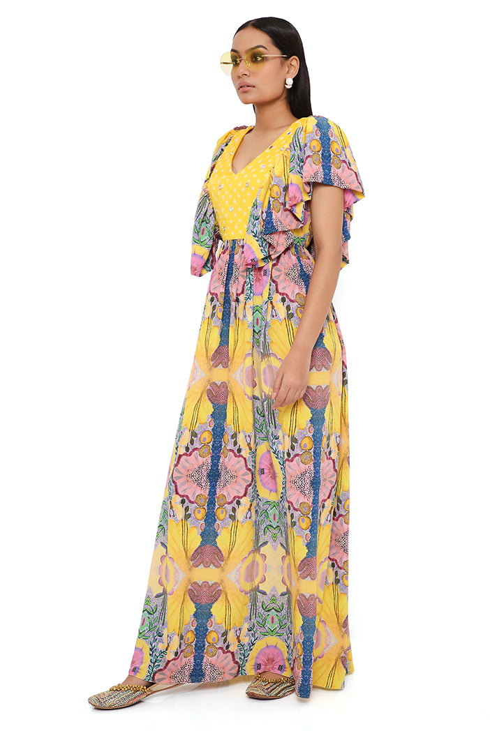 YELLOW ENCHANTED PRINT CREPE DRESS WITH BANDHANI EMBROIDERED YOKE