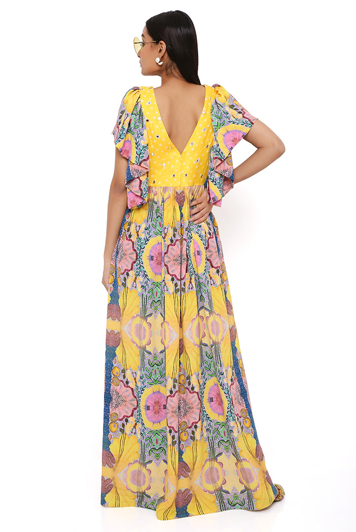 YELLOW ENCHANTED PRINT CREPE DRESS WITH BANDHANI EMBROIDERED YOKE