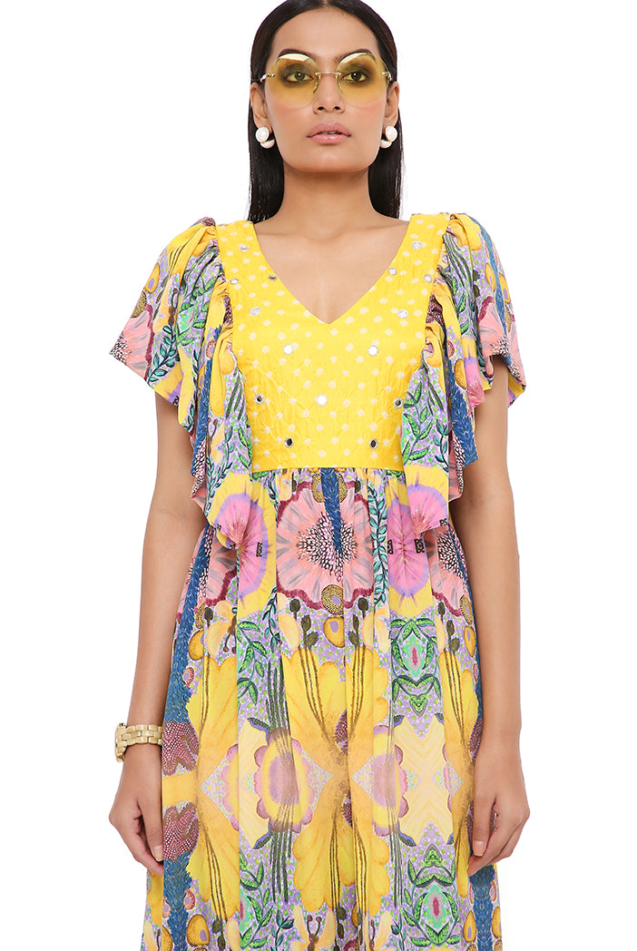 YELLOW ENCHANTED PRINT CREPE DRESS WITH BANDHANI EMBROIDERED YOKE
