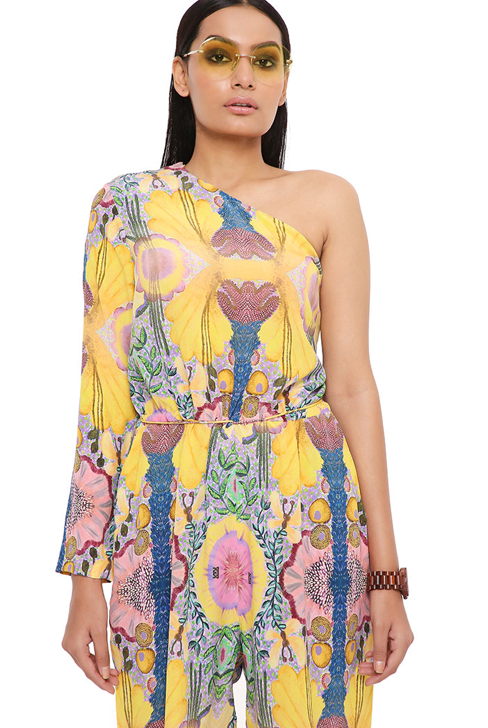 YELLOW ENCHANTED PRINT CREPE JUMPSUIT