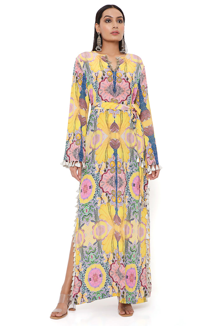 YELLOW ENCHANTED PRINT CREPE LONG BEYZA KAFTAN
