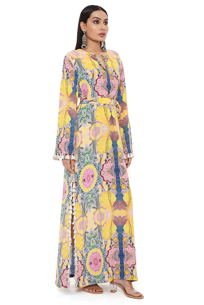 YELLOW ENCHANTED PRINT CREPE LONG BEYZA KAFTAN