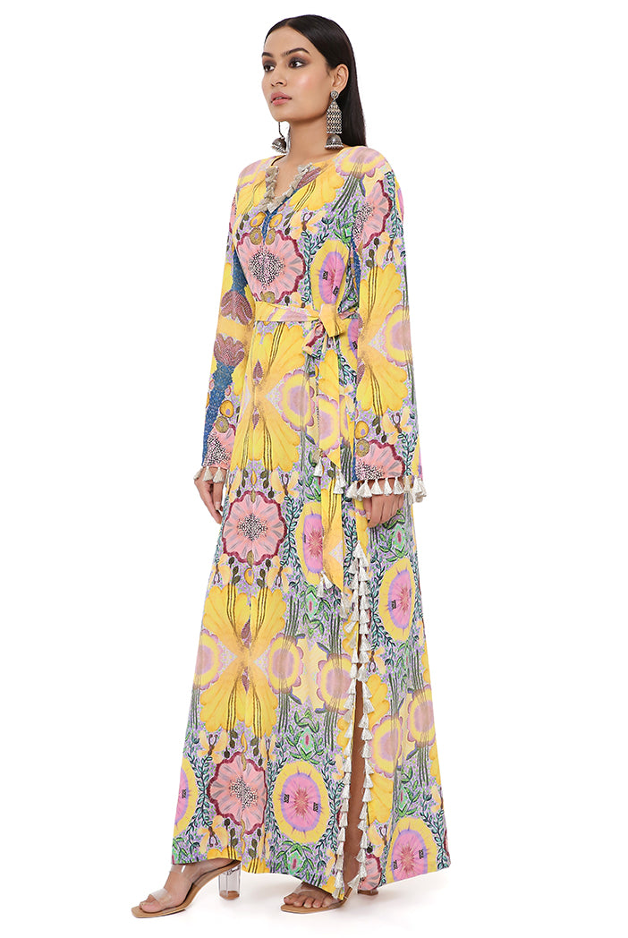 YELLOW ENCHANTED PRINT CREPE LONG BEYZA KAFTAN