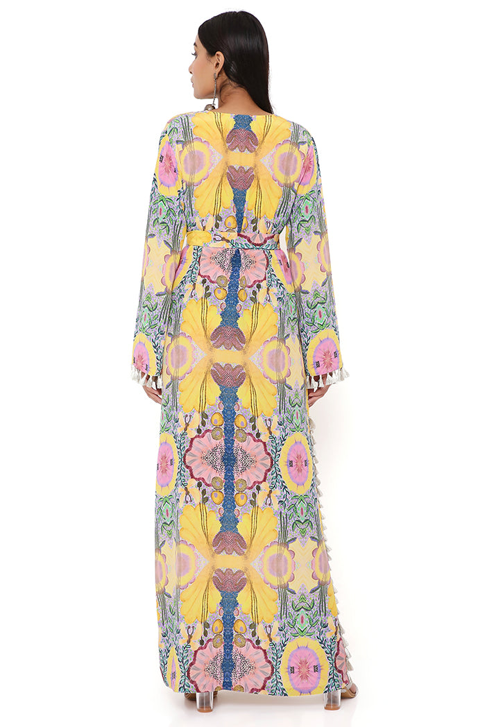 YELLOW ENCHANTED PRINT CREPE LONG BEYZA KAFTAN