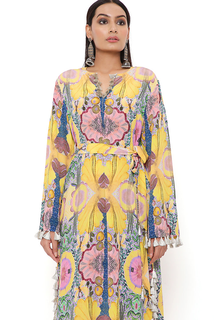 YELLOW ENCHANTED PRINT CREPE LONG BEYZA KAFTAN