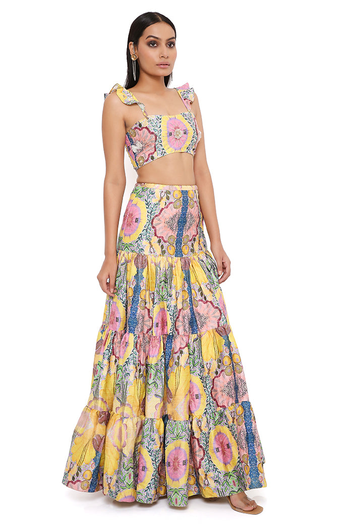 YELLOW ENCHANTED PRINT SILK EMBROIDERED BUSTIER WITH A SKIRT