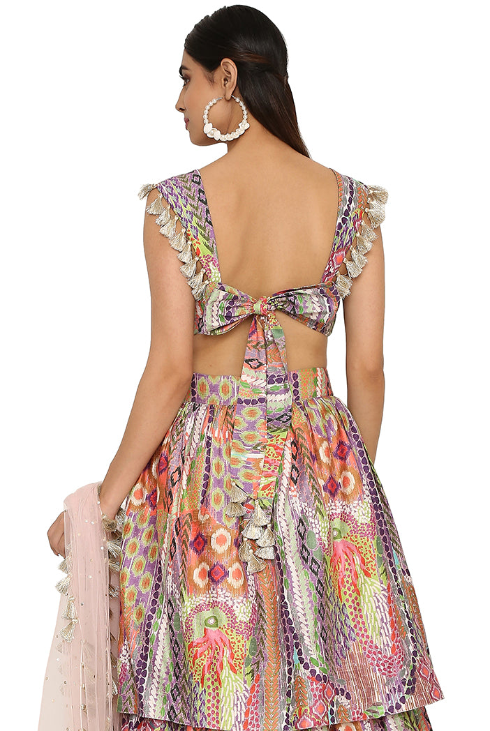 Zoha African Print Dupion Silk Bustier And Ruffled Skirt With Baby Pink Net Dupatta