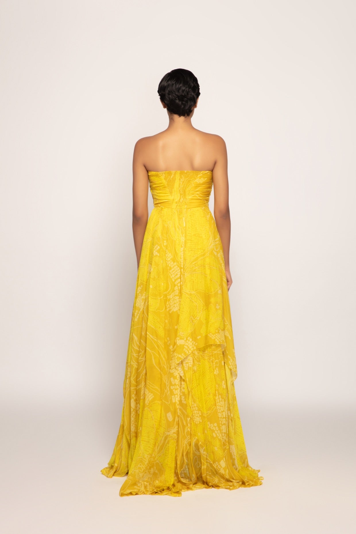 Periwinkle Bandhani Print Multi Layered Strapless Gown