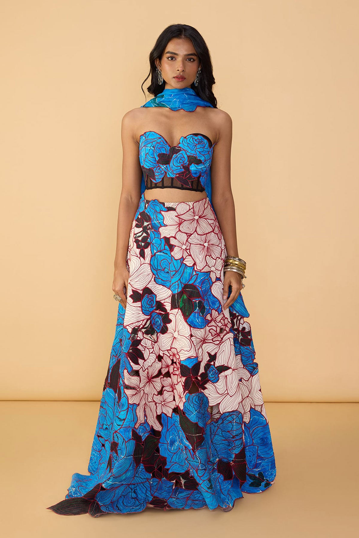 Starla Corset Blouse and and Sachi Lehenga Skirt and and Scallop Dupatta