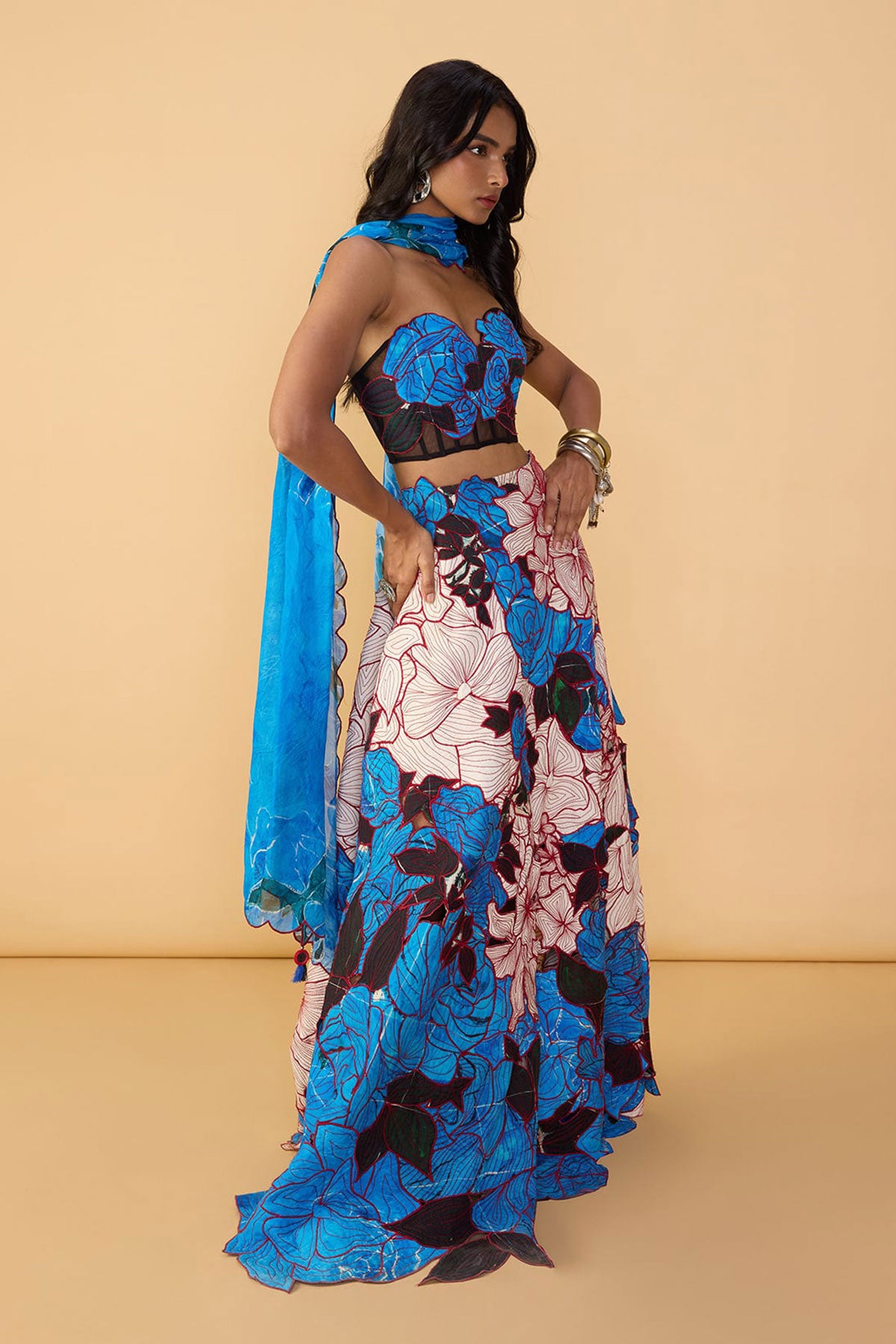 Starla Corset Blouse and and Sachi Lehenga Skirt and and Scallop Dupatta