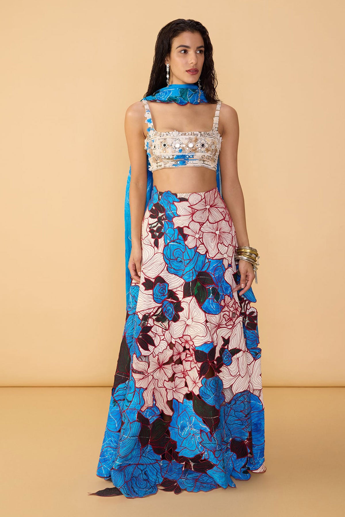 Malaika Bustier and and Sachi Lehenga Skirt and and Scallop Dupatta