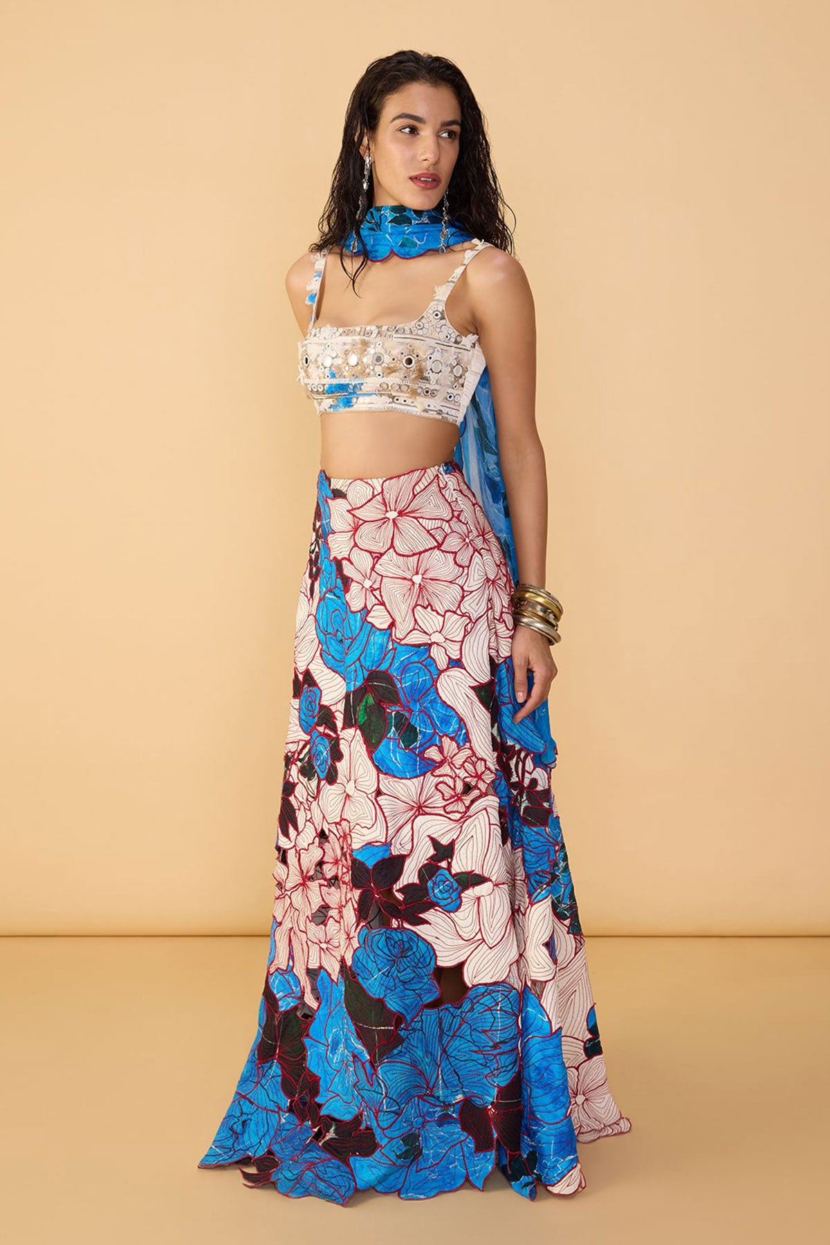 Malaika Bustier and and Sachi Lehenga Skirt and and Scallop Dupatta