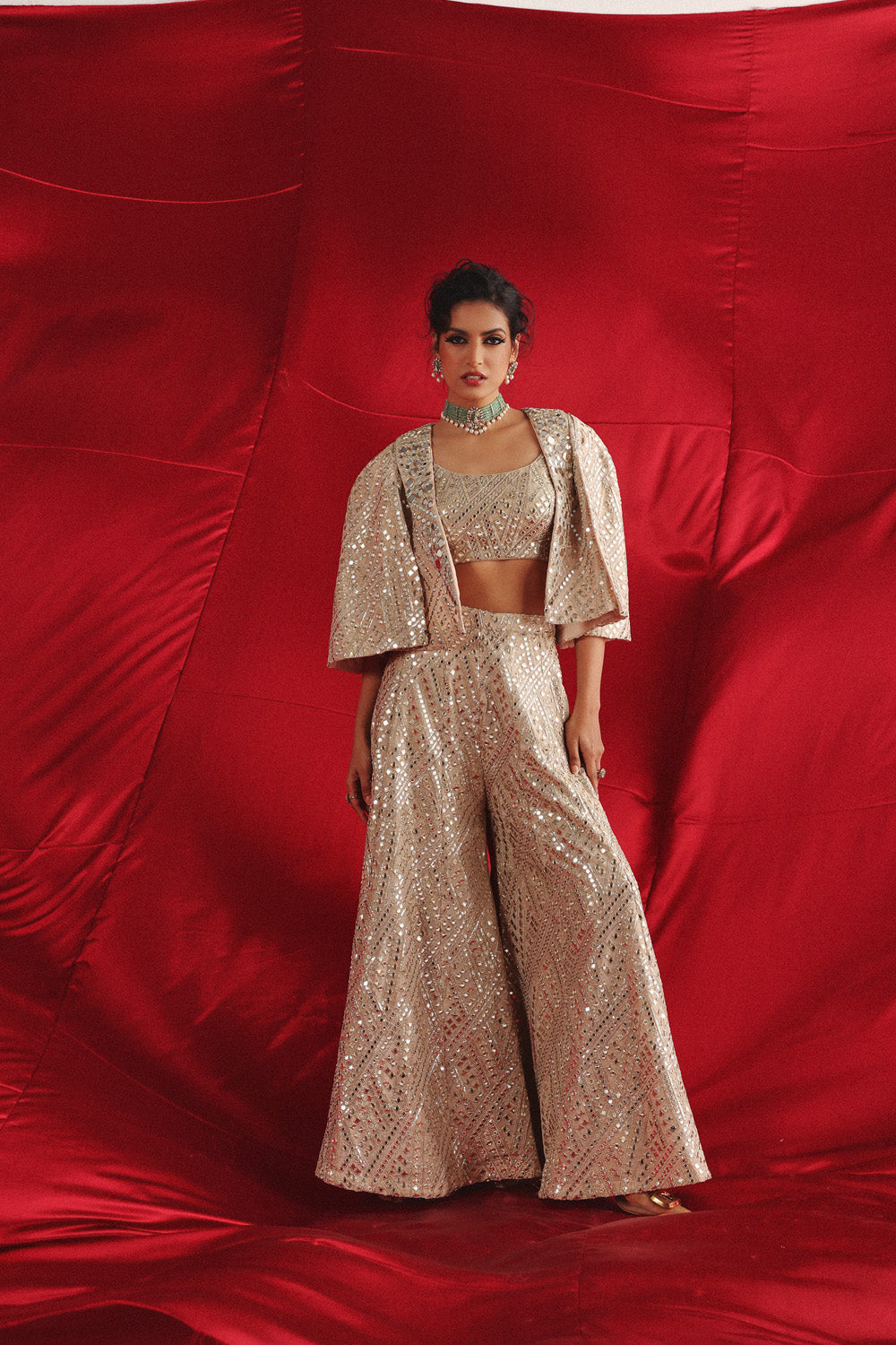 Tux Collar Cape Sleeves Jacket With Bandeau And Flared Shararas