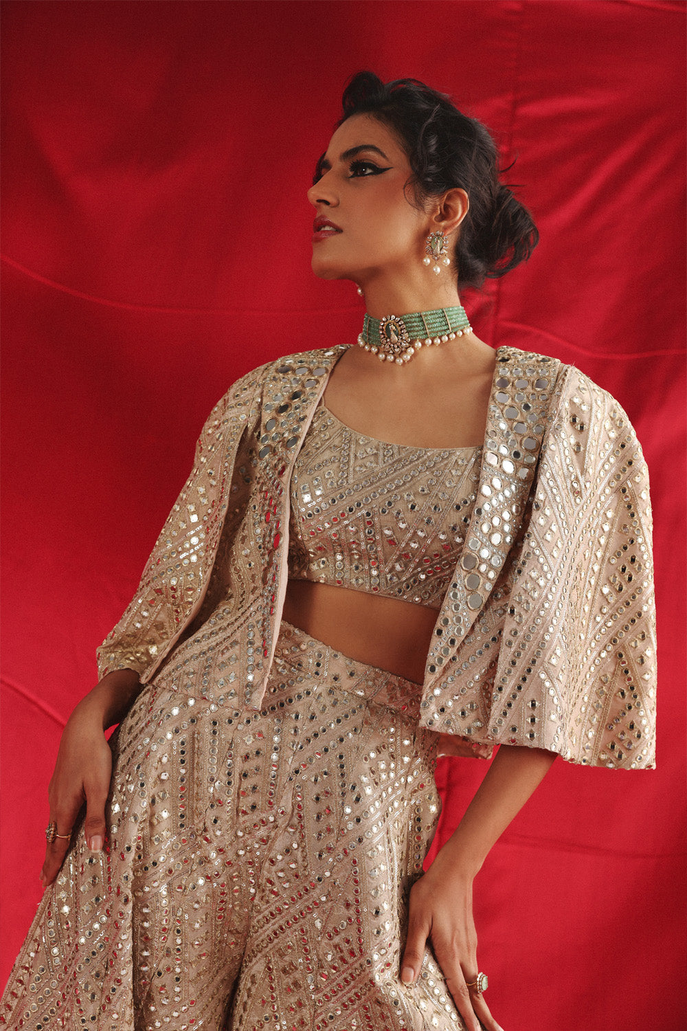 Tux Collar Cape Sleeves Jacket With Bandeau And Flared Shararas