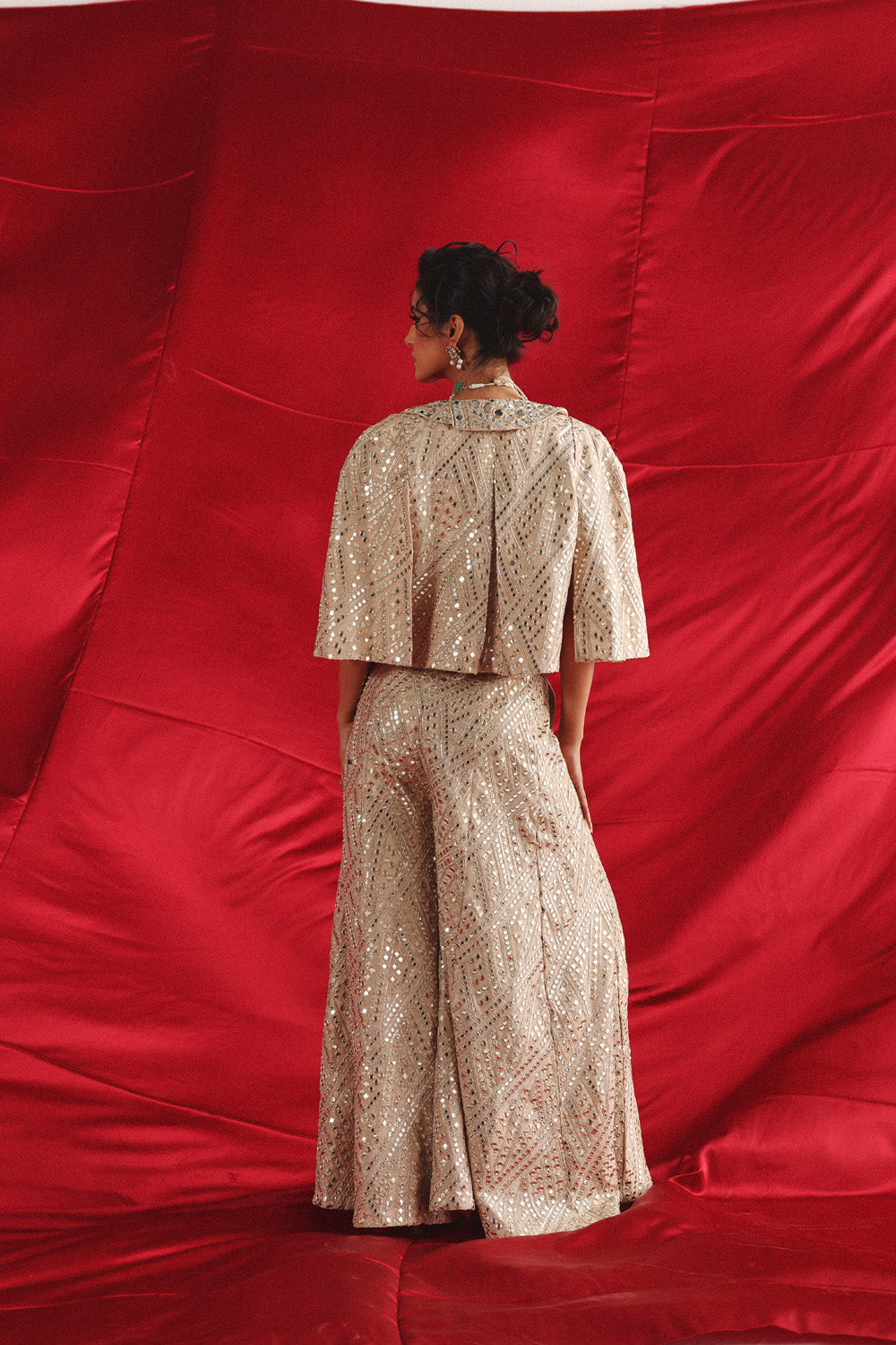 Tux Collar Cape Sleeves Jacket With Bandeau And Flared Shararas