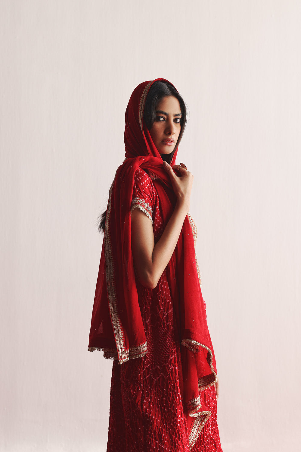 Marodiwork Crushed Bandhani Silk Kurta and Ankle Length Palazzos with Dupatta