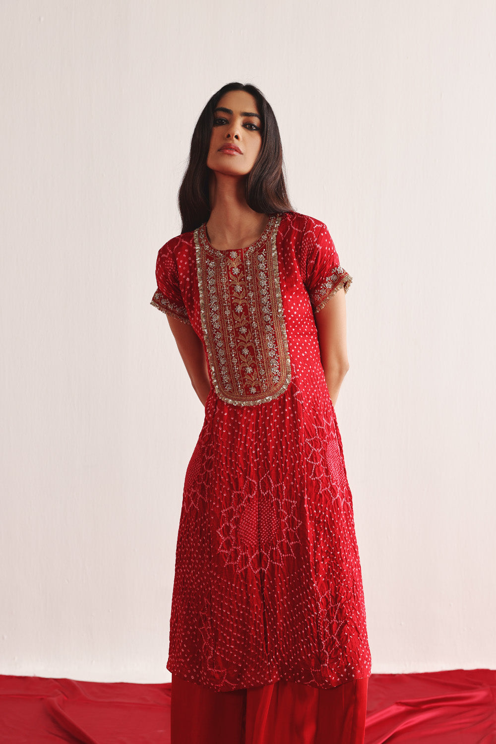 Marodiwork Crushed Bandhani Silk Kurta and Ankle Length Palazzos with Dupatta