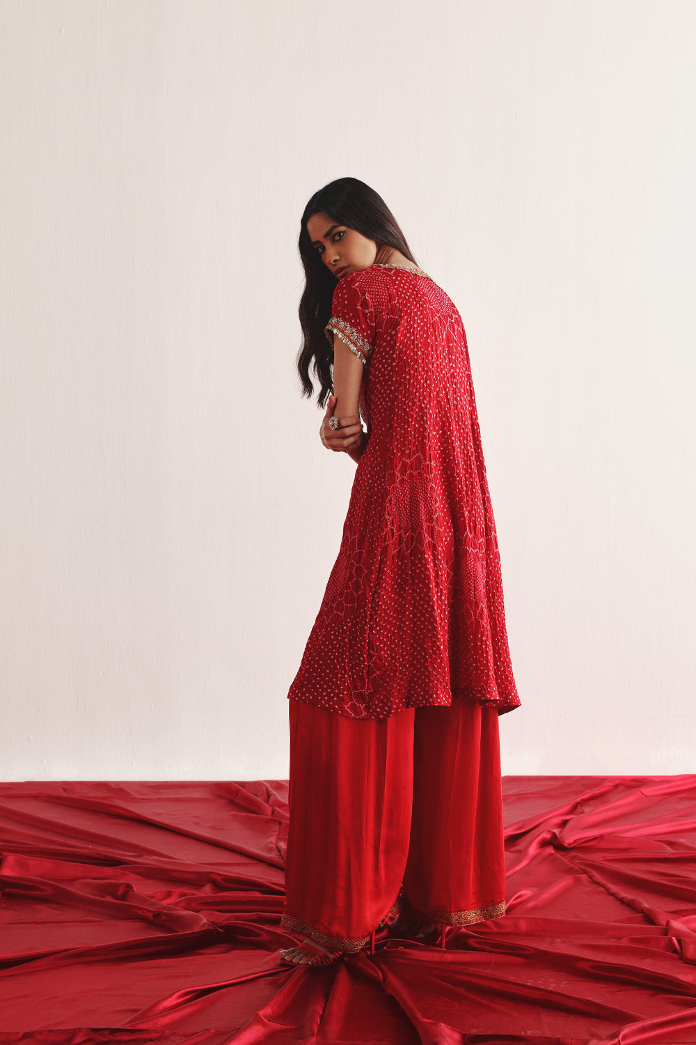 Marodiwork Crushed Bandhani Silk Kurta and Ankle Length Palazzos with Dupatta