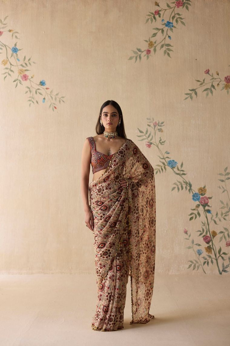 Cream & Red Saree - Ready To Ship