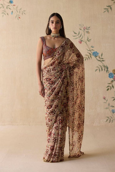 Cream & Red Saree - Ready To Ship