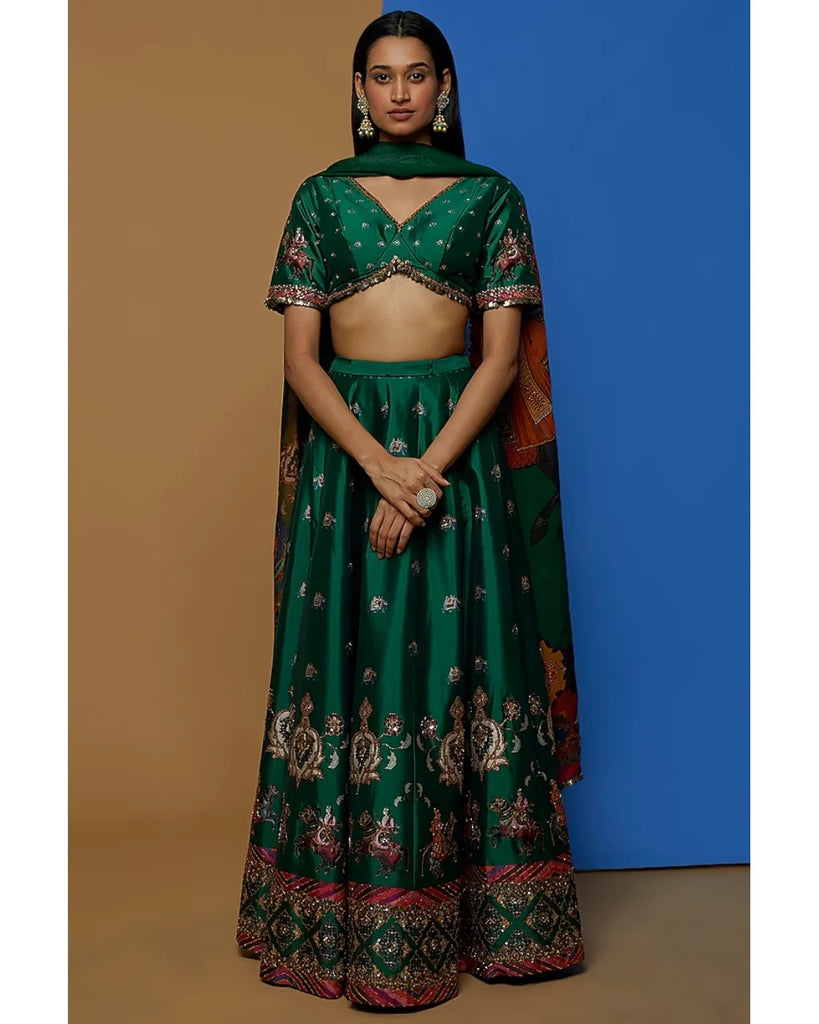 Emerald Green Placement Embroidery Lehenga Set