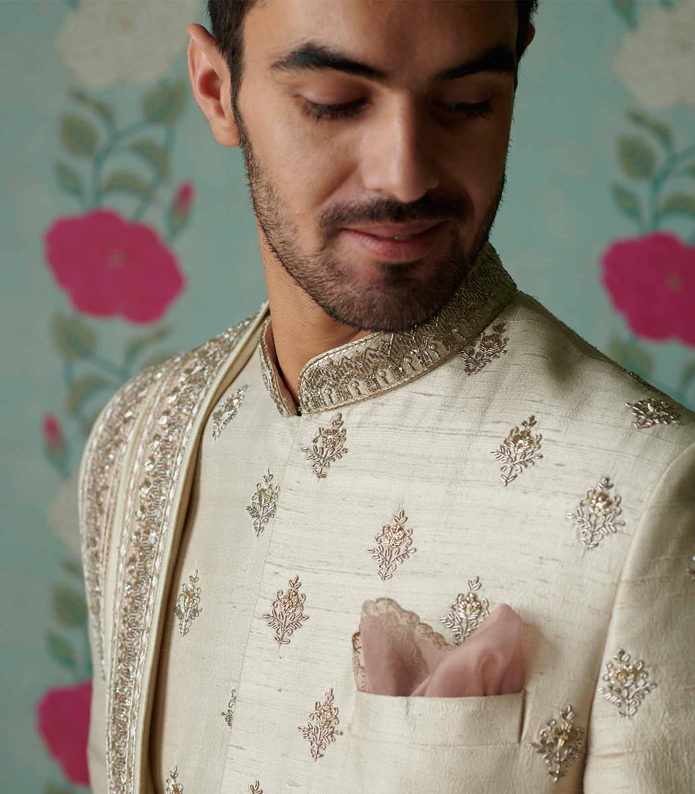 IVORY RAWSILK BUTTI SHERWANI SET