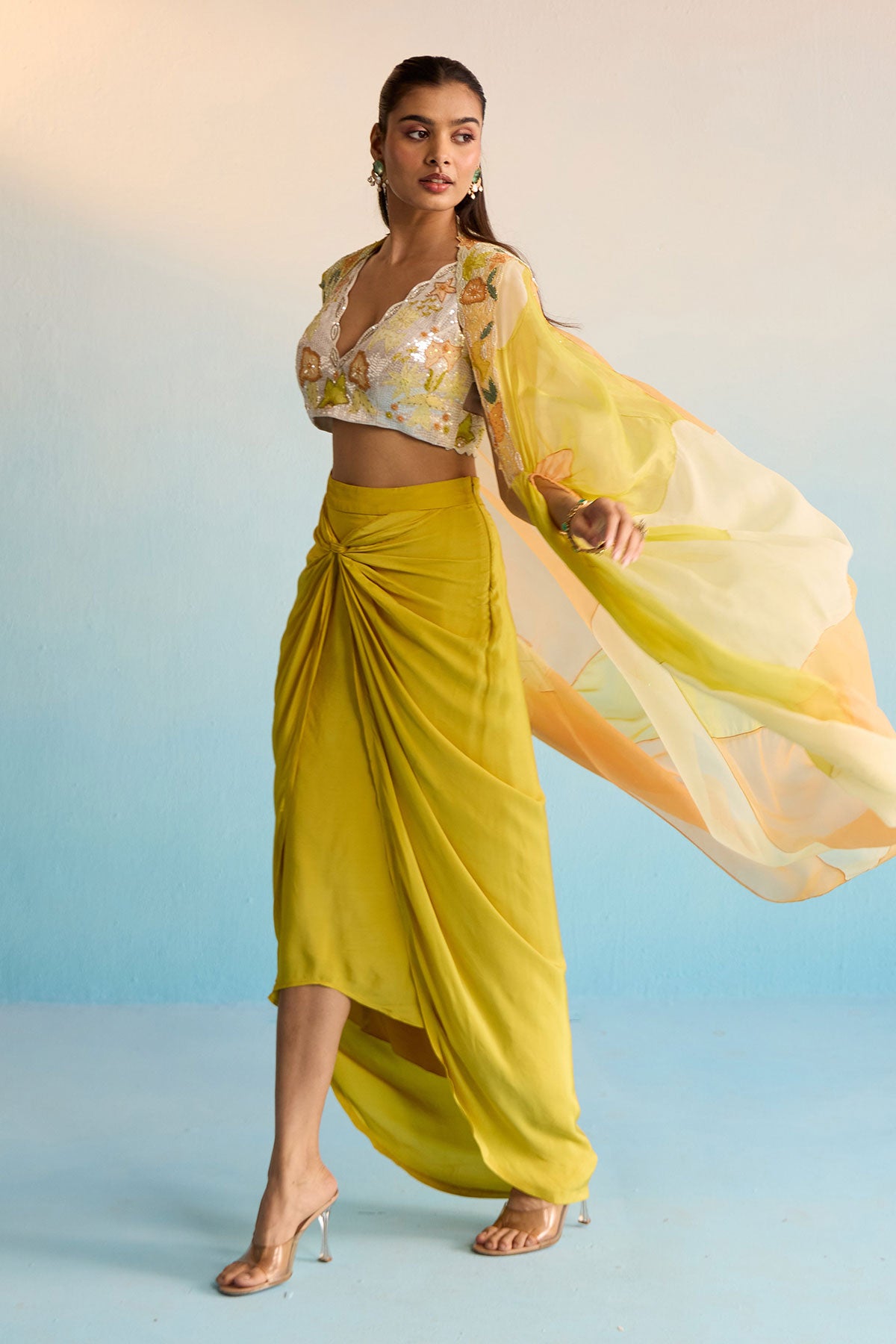 Abeni Yellow Hand-Painted Organza Cape & Skirt Set