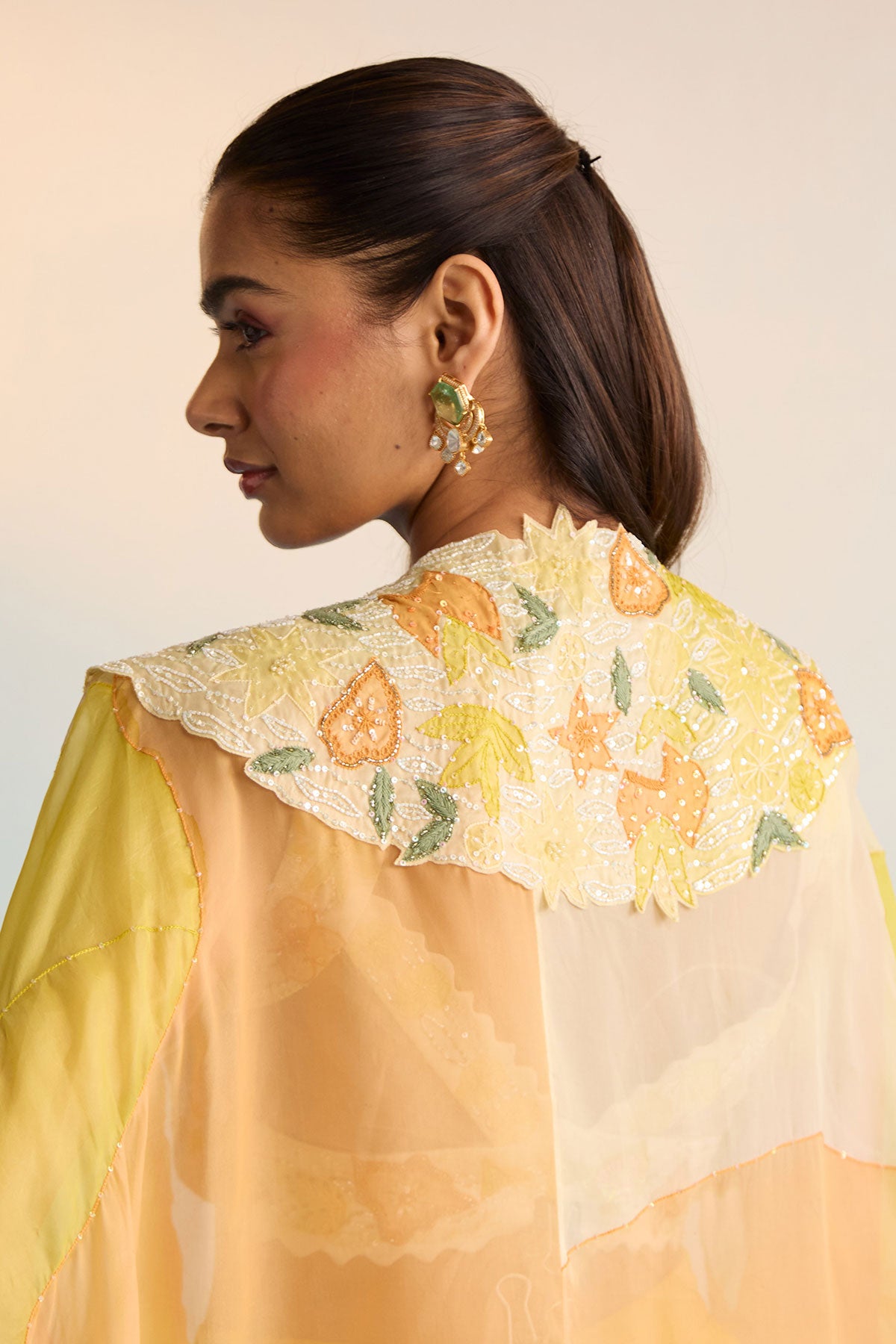 Abeni Yellow Hand-Painted Organza Cape & Skirt Set