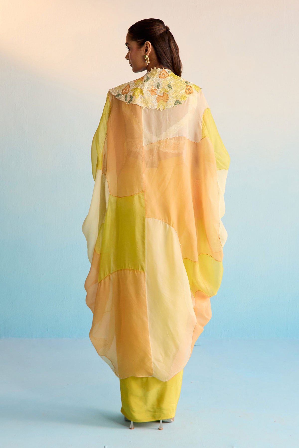 Abeni Yellow Hand-Painted Organza Cape & Skirt Set