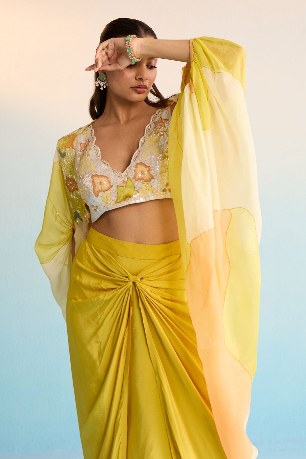 Abeni Yellow Hand-Painted Organza Cape & Skirt Set