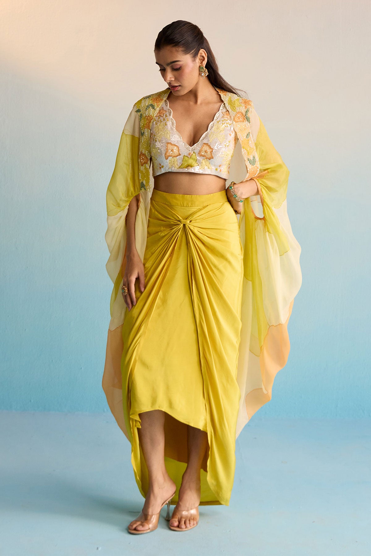 Abeni Yellow Hand-Painted Organza Cape & Skirt Set
