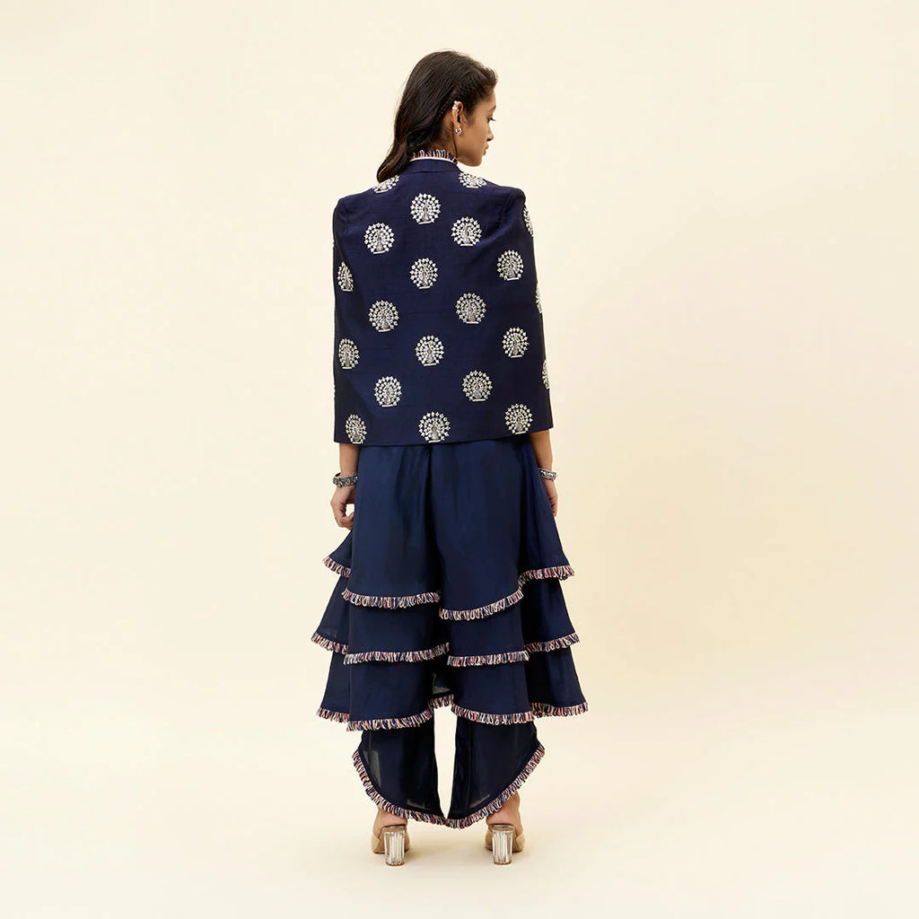 BLUE PEACOCK MOTIF NOOR JACKET WITH LAYERED JUMPSUIT
