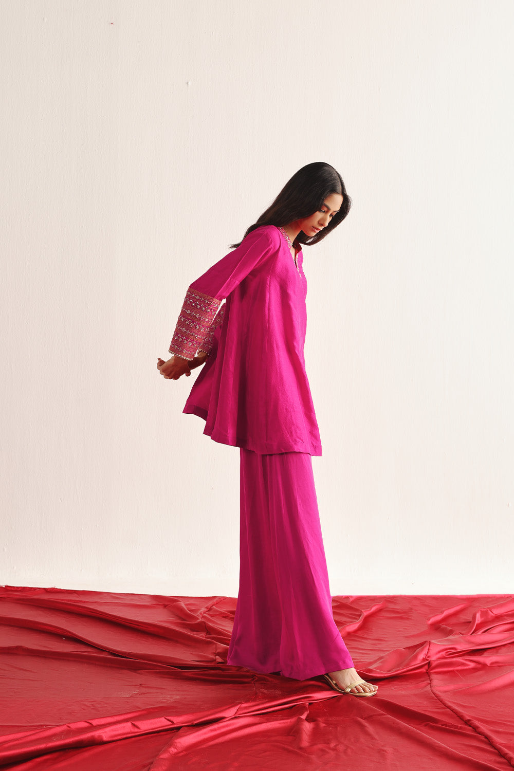 Marodiwork Silk Kurta and Flared Pants with Dupatta