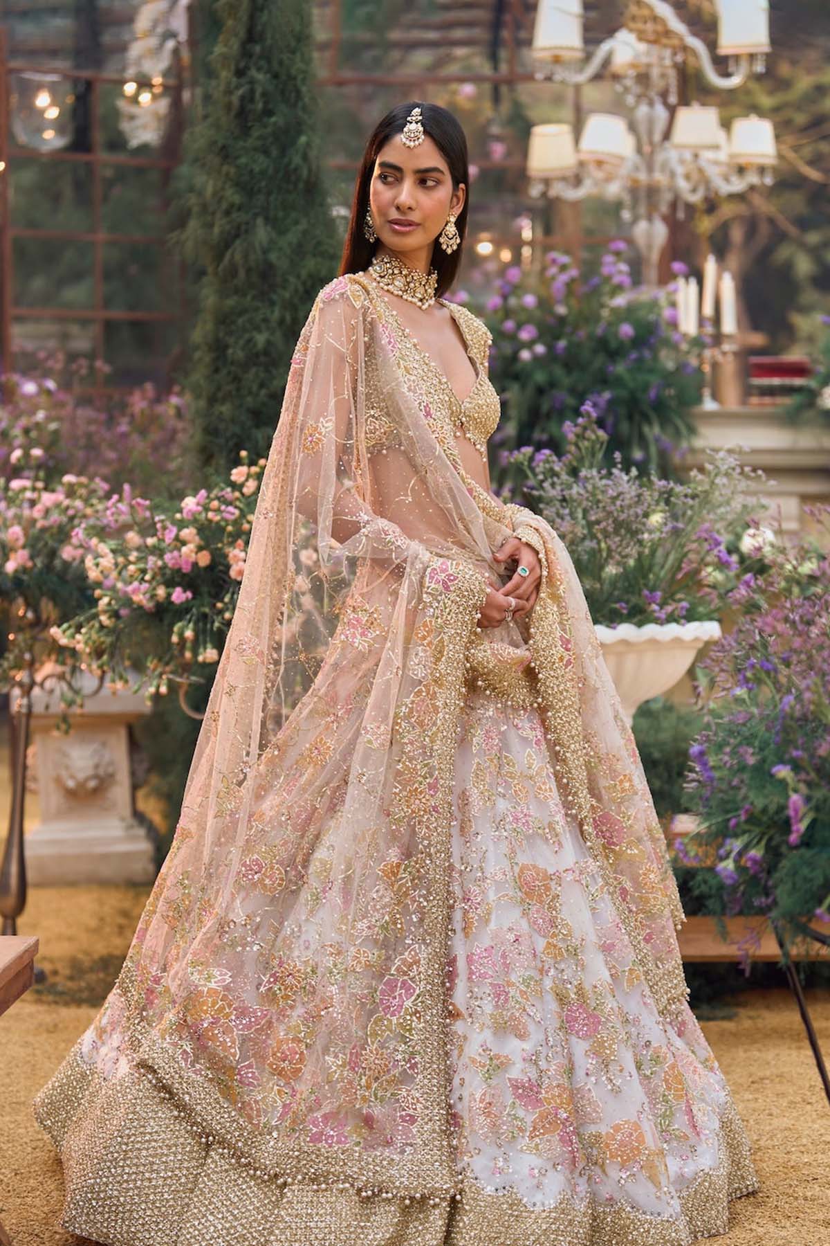 Cream Gold Floral Lehenga Set
