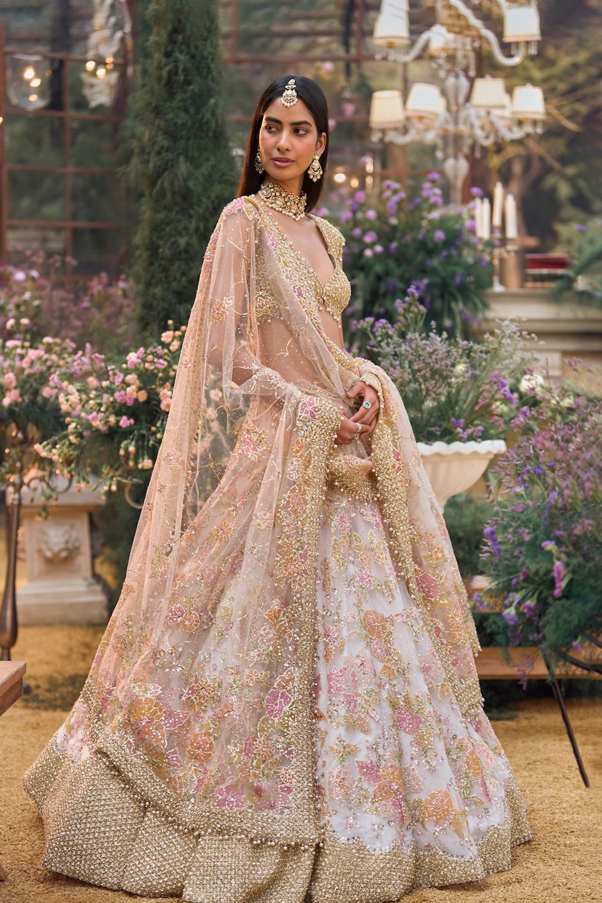 Cream Gold Floral Lehenga Set