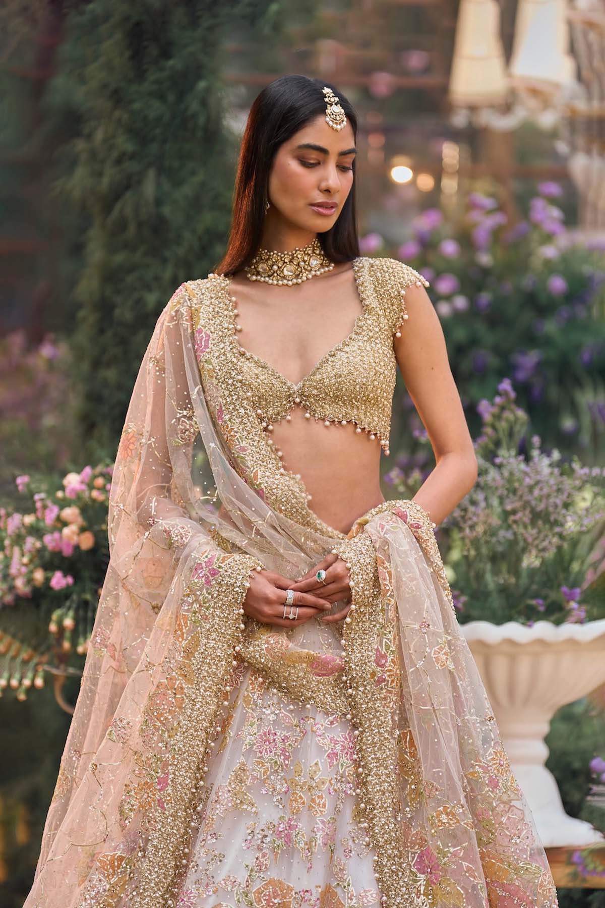 Cream Gold Floral Lehenga Set