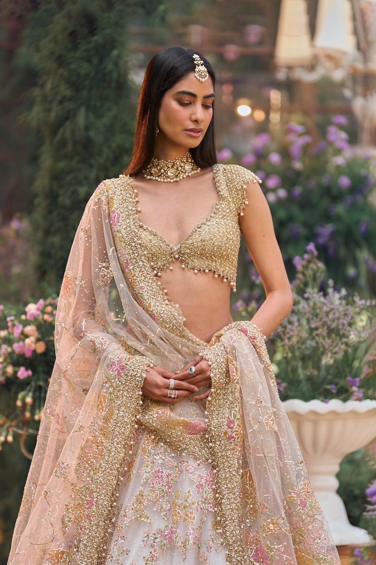 Cream Gold Floral Lehenga Set