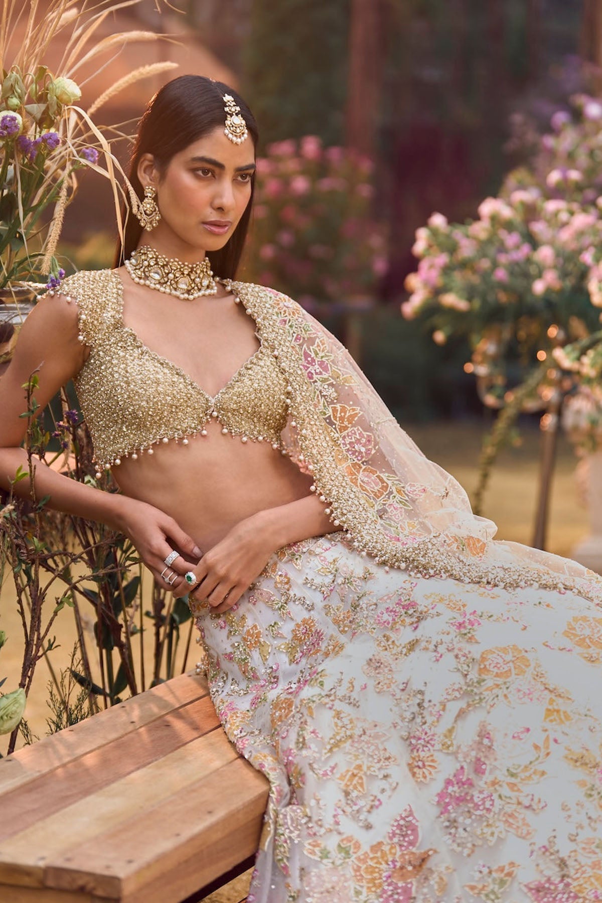 Cream Gold Floral Lehenga Set