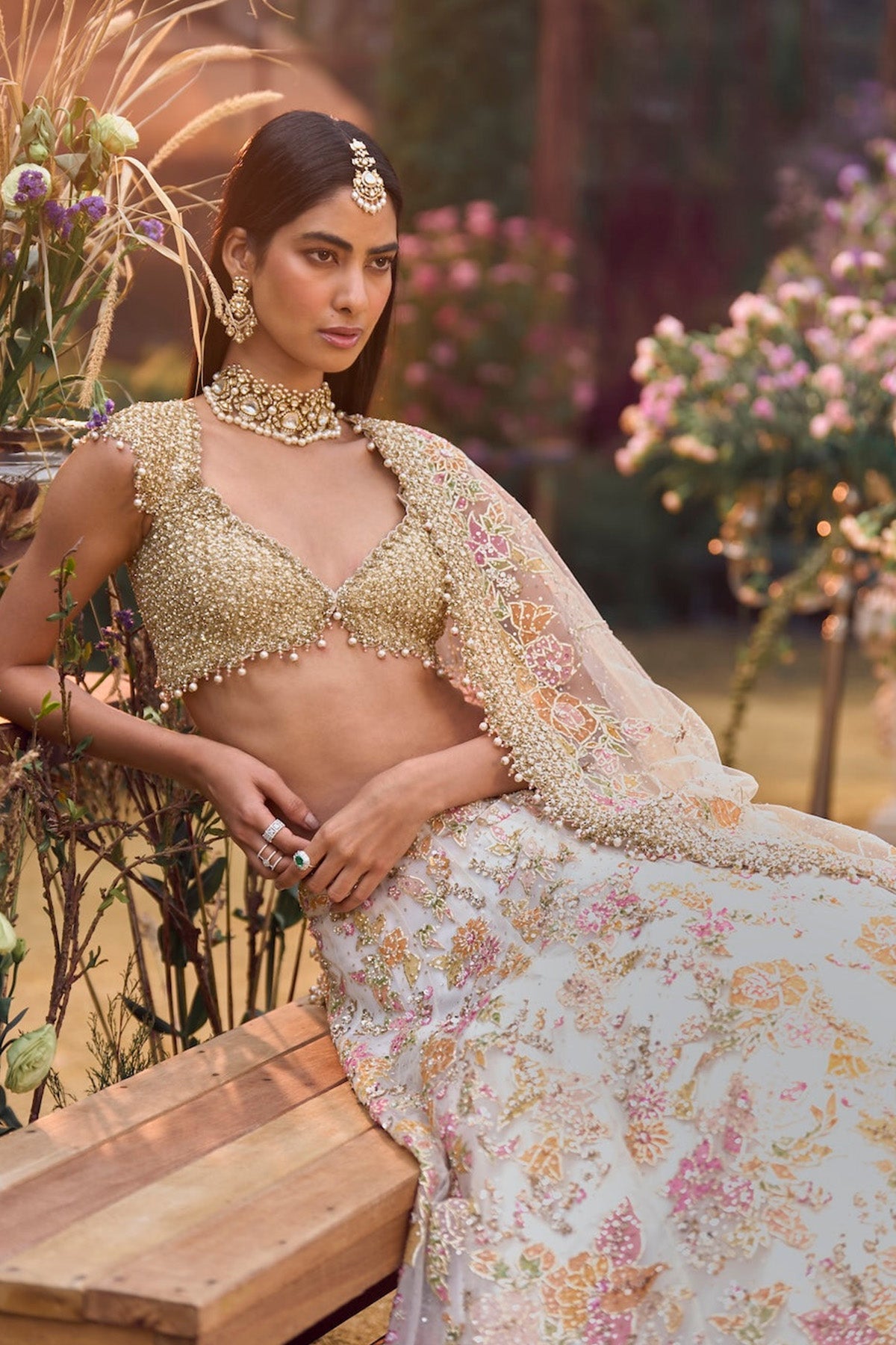 Cream Gold Floral Lehenga Set